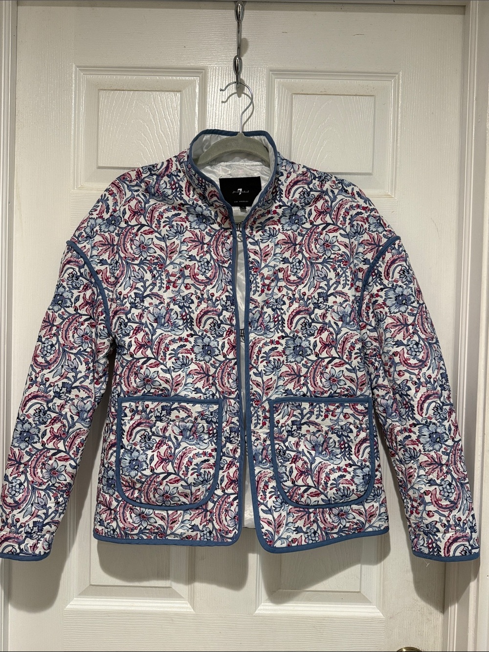 7 For All Mankind Quilted Floral Jacket in White, Blue & Pink